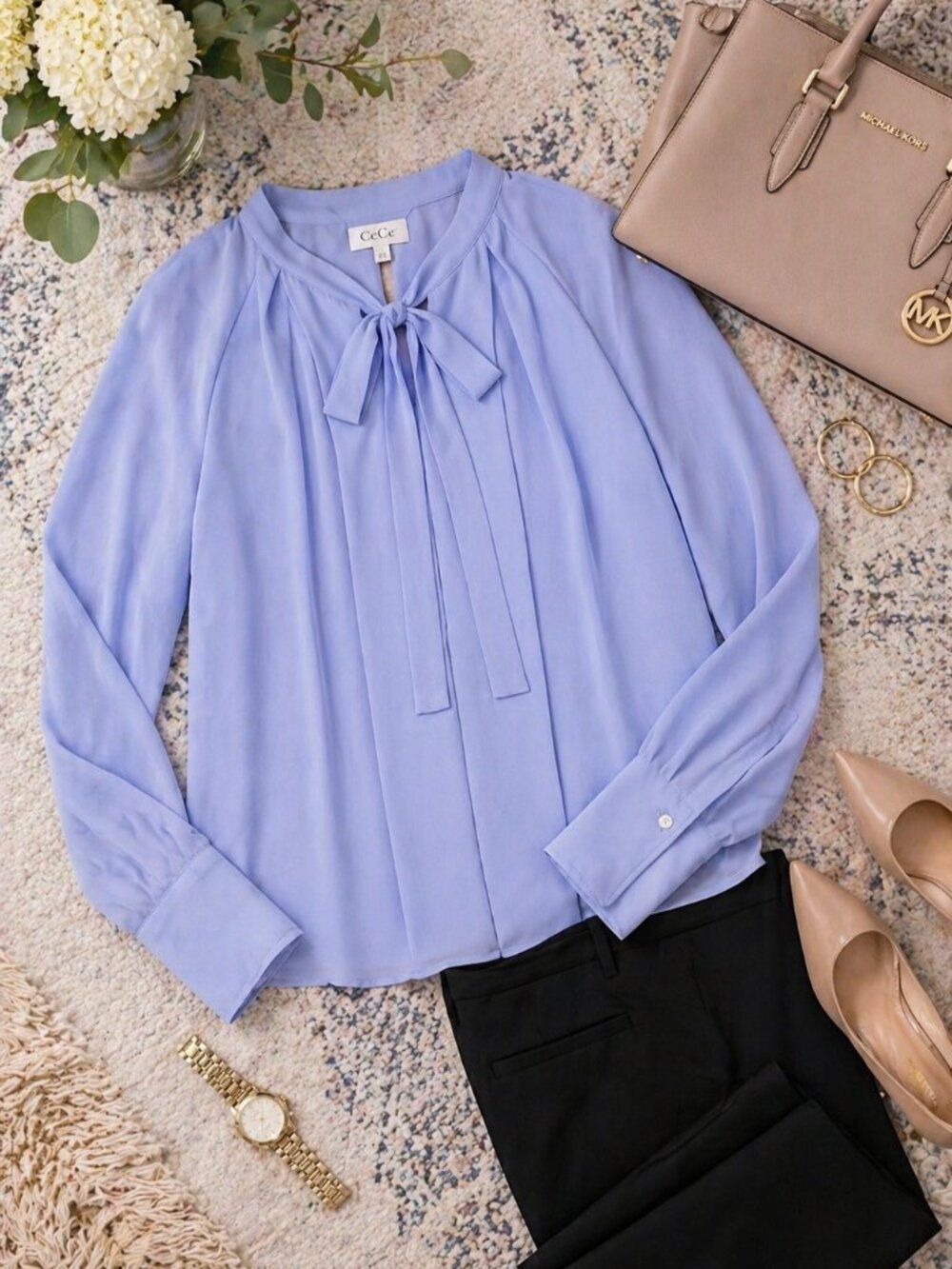 CeCe Pleated Tie Neck Blouse Slate Blue L NWT Career Office Top